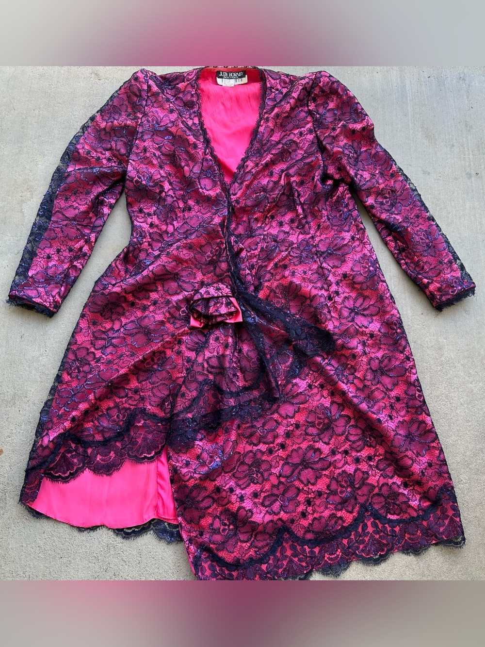 Vintage I. MAGNIN Judy Hornby Couture Hot Pink and Blue Lace Dress Lined Sz L